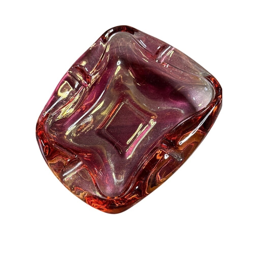 Vintage Art Carnival Glass Ashtray Purple‎ Pink Iridescent Square Retro Decor